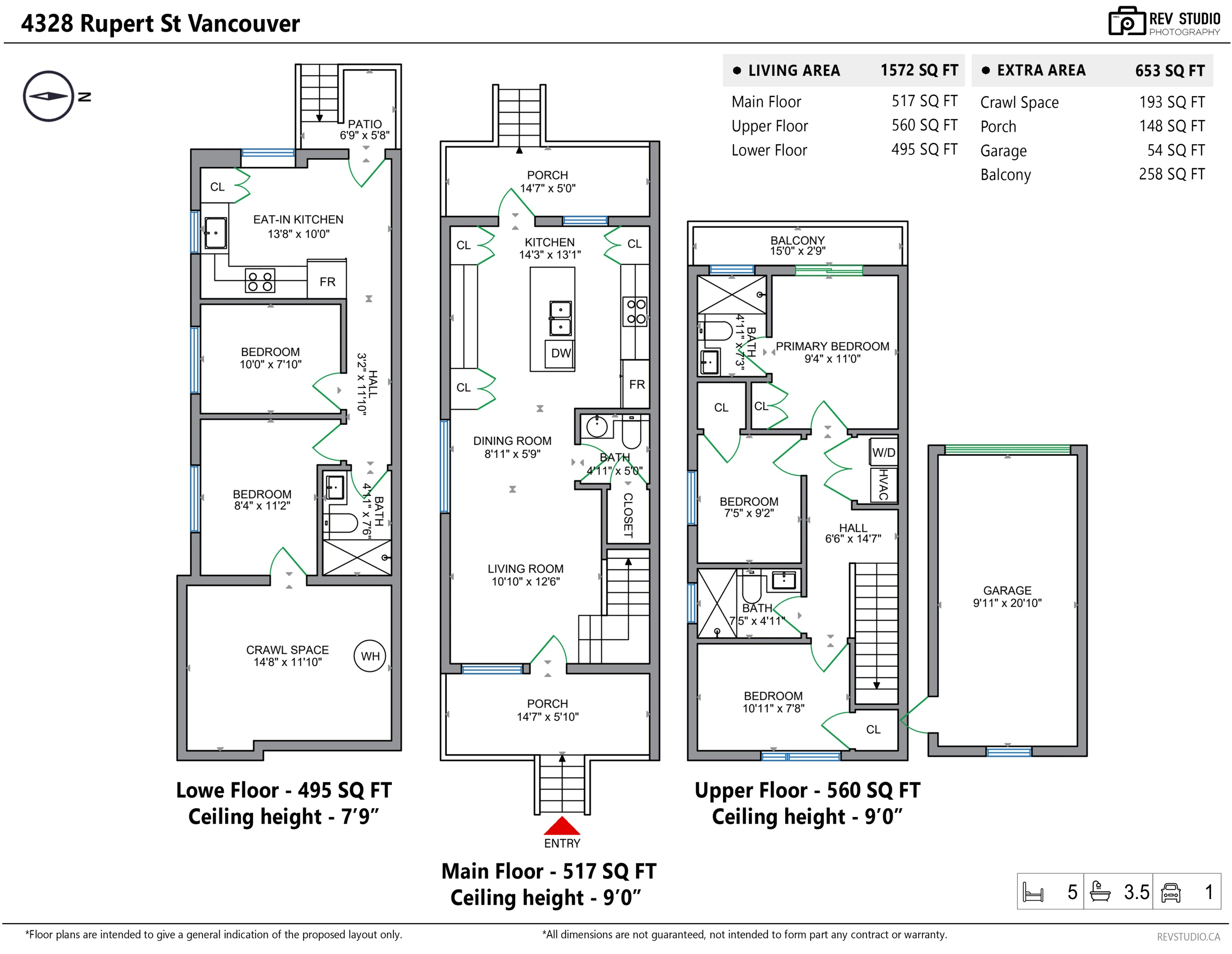 Floor plan of 4328 Rupert Street over three floors and the garage: lower floor with an eat-in kitchen, two bedrooms, a bathroom, a patio and a crawl space; main floor with the front porch, living room, dining room, powder room, kitchen and back porch; upper floor with the primary bedroom and its bathroom and balcony, two bedrooms, a hall bathroom and the laundry
